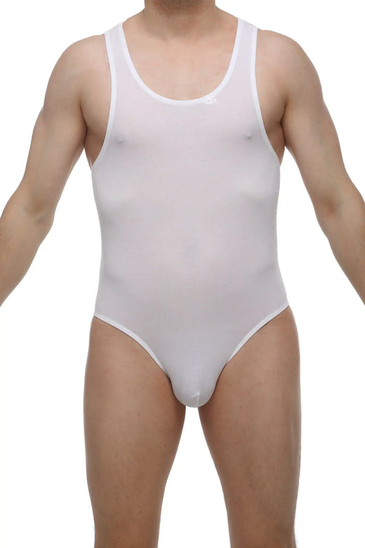 White sheer mesh one-piece swimsuit petitq bodybrief open white with scoop neckline and high-cut legs