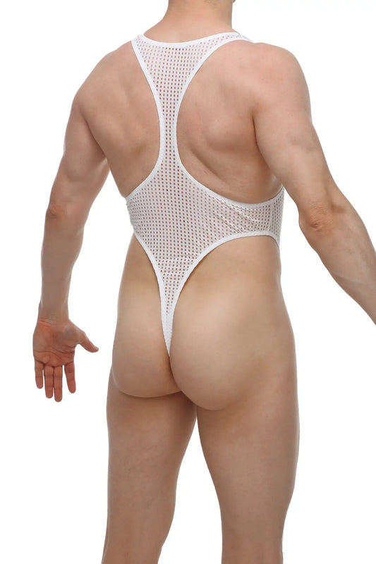 PetitQ Bodythong Journy Durtol white white mesh one-piece swimsuit with high-cut leg and racerback straps