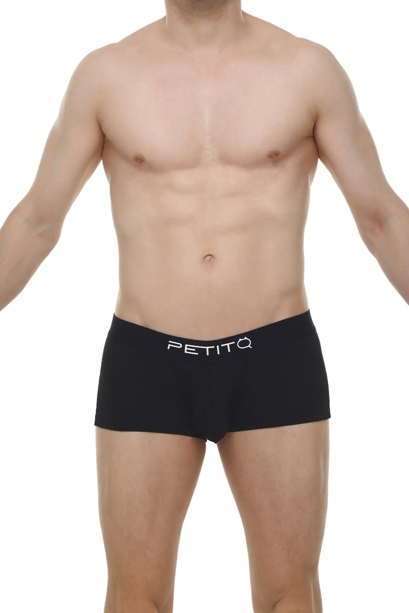 Black boxer brief dome skine briefs with white logo waistband made from soft breathable fabric