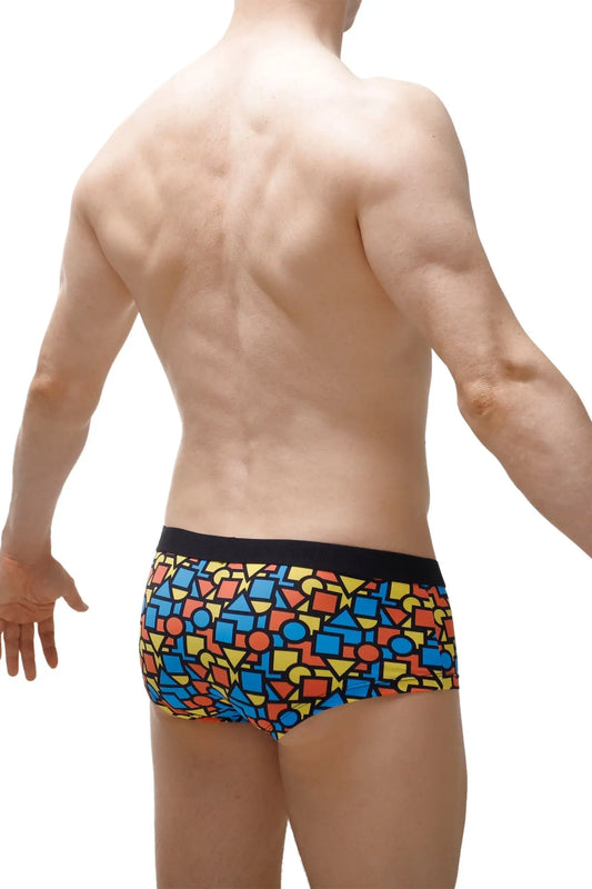 Vibrant geometric patterned petitQ boxer brief mondi with bold black waistband for men in comfortable fabric