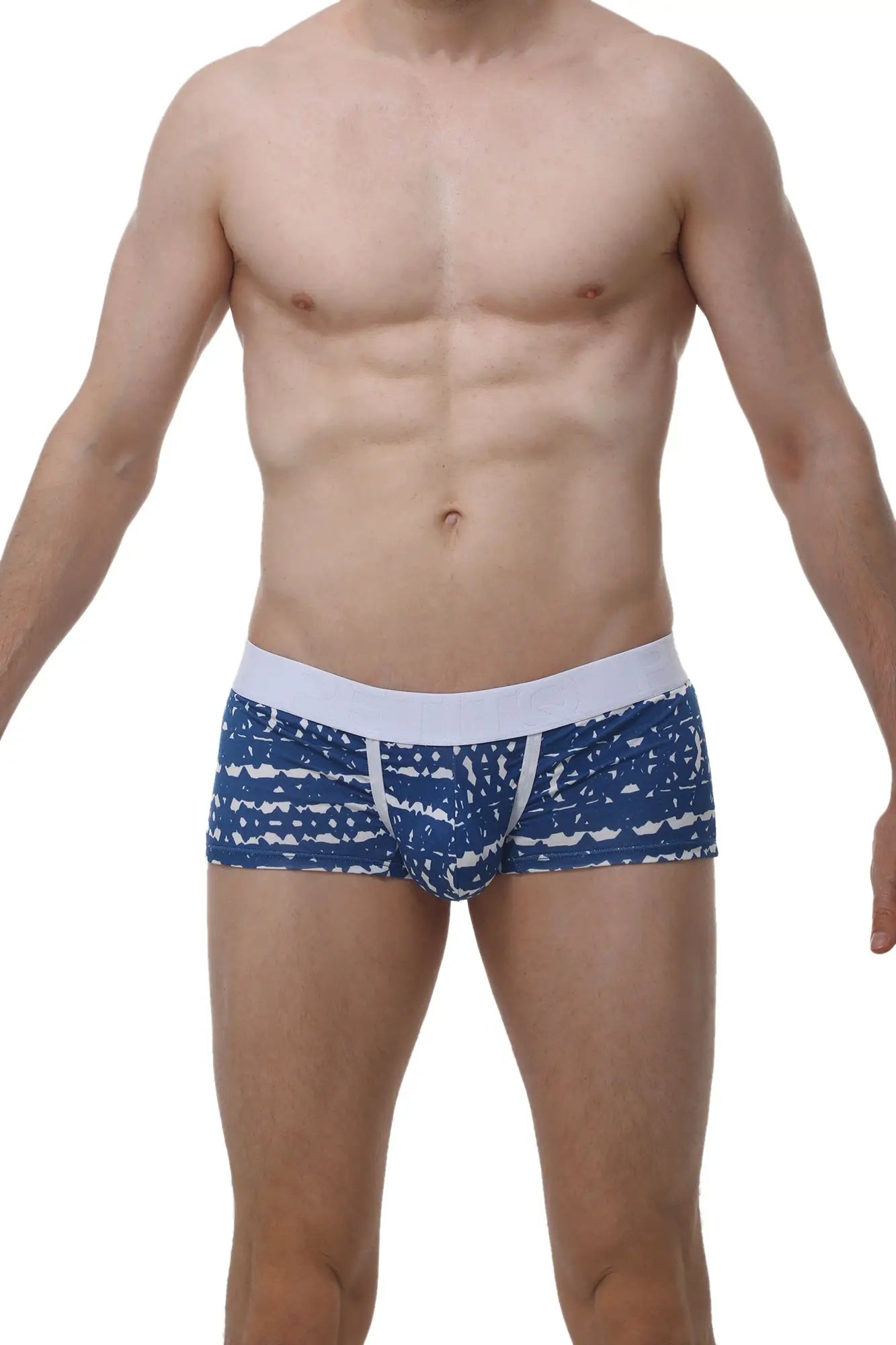 Petitq boxer brief new denim featuring blue and white patterned men’s briefs with a solid white waistband
