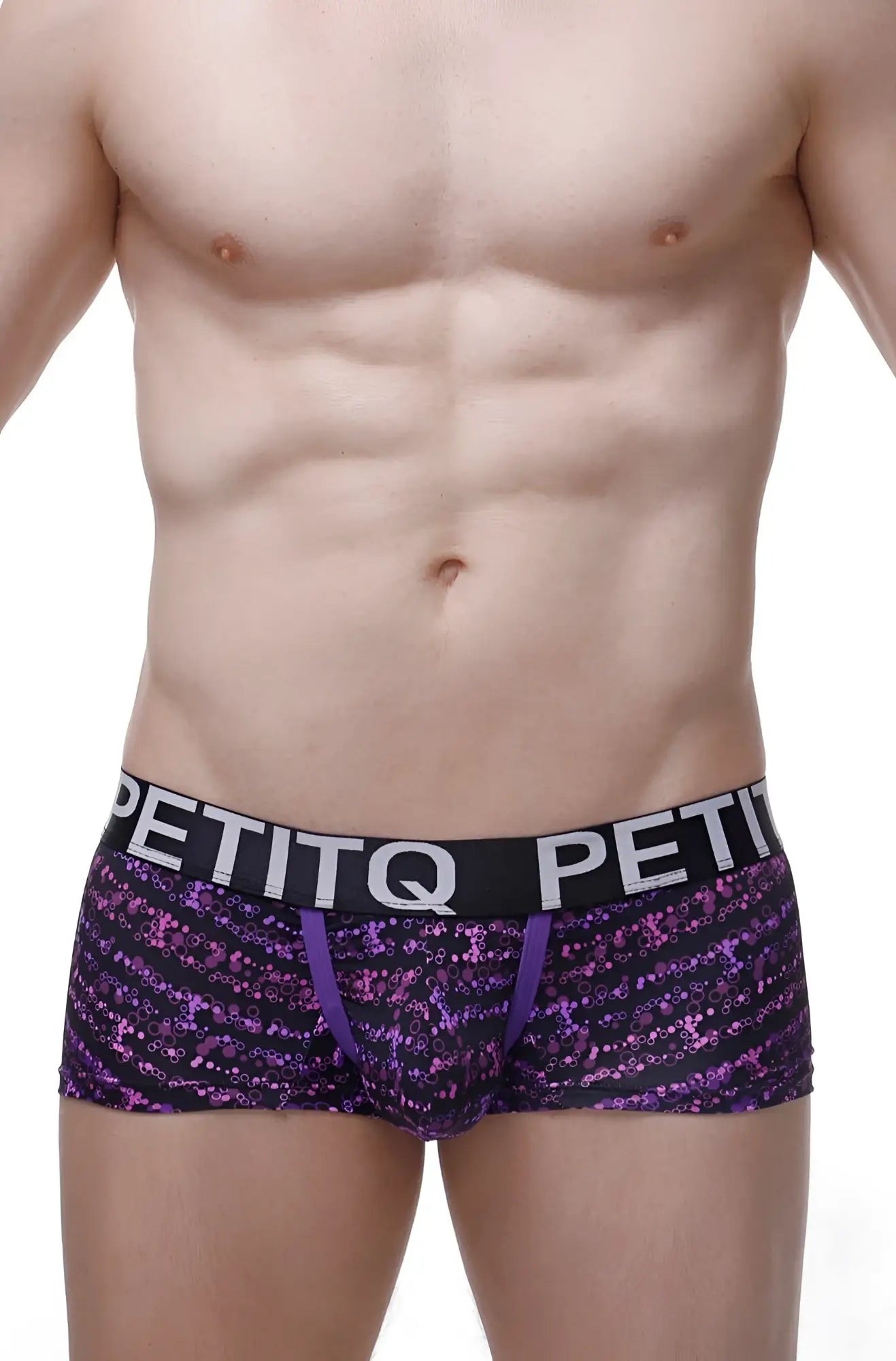 Purple and black patterned petitq boxer bulles men’s briefs with bold waistband designed for comfort and style