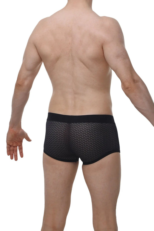 Petitq boxer olloix macra black mesh briefs with subtle geometric pattern and solid black waistband