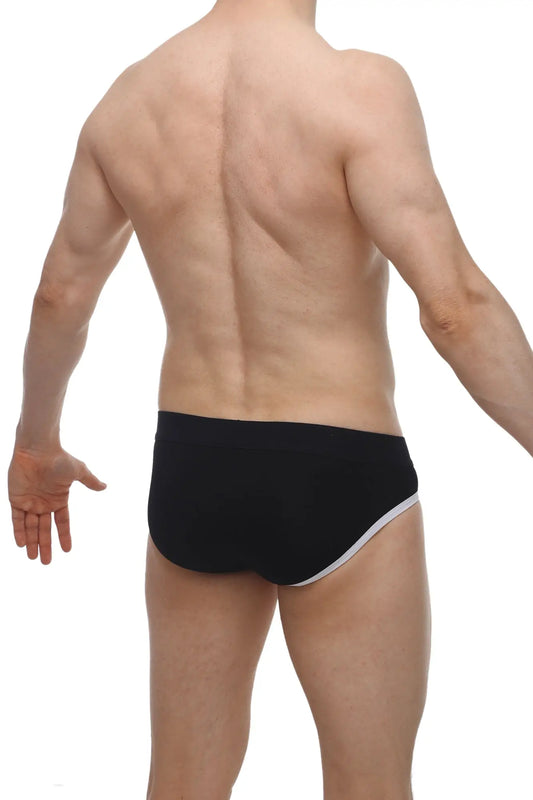Black PetitQ brief made from crepin modal fabric featuring a white trim along the waistband for comfortable fit