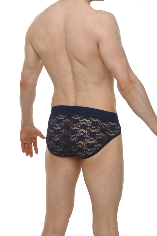Dark blue lace briefs with a solid waistband featuring delicate lace material in navy for comfortable everyday wear