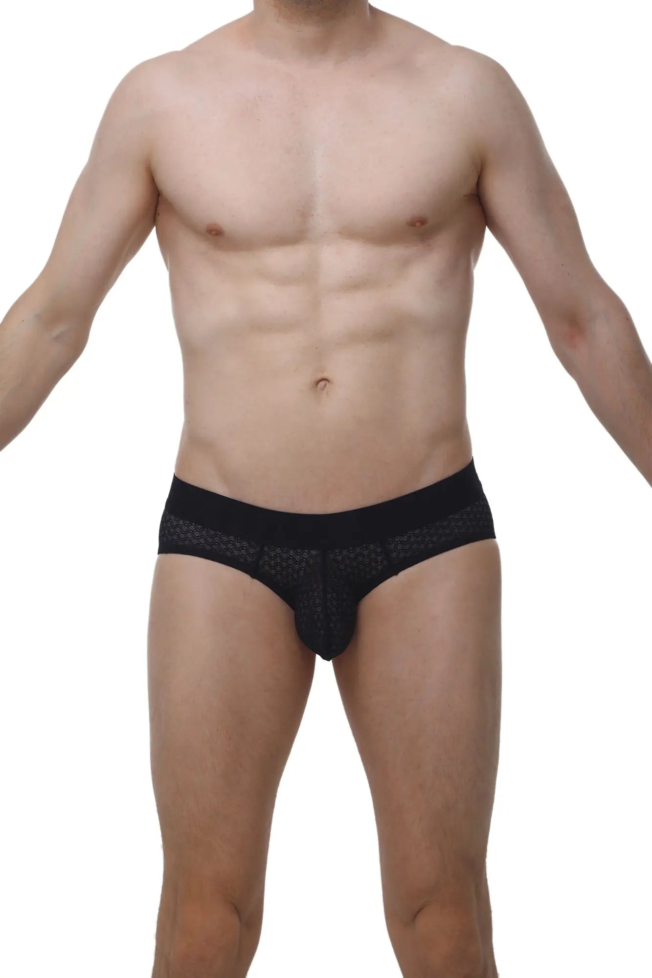 Black lace-trimmed men’s briefs with textured breathable mesh fabric petitq brief dome macra black