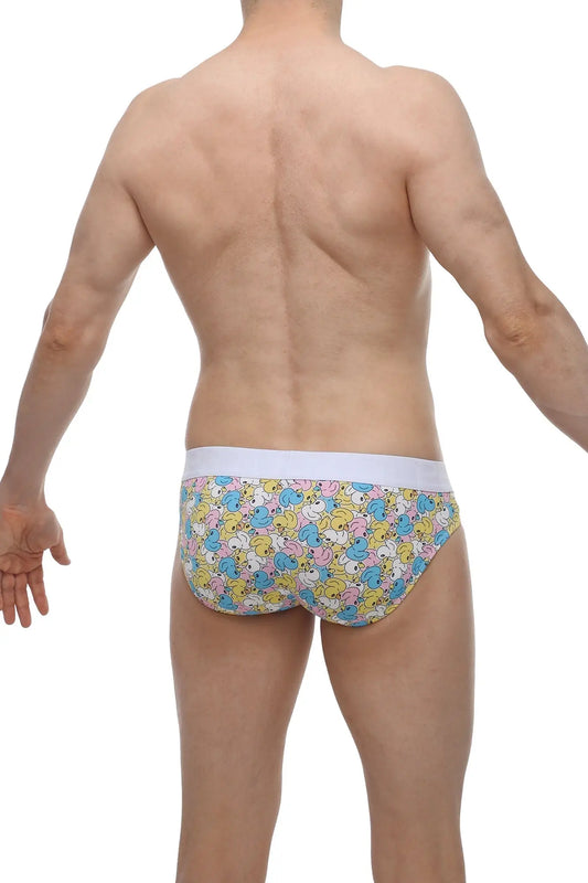 Pastel-colored PetitQ brief linay duckies with cartoon duck pattern in blue pink yellow and solid white waistband