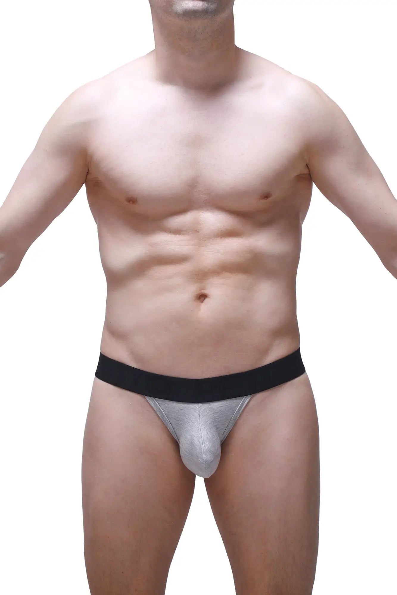 Silver metallic briefs with black waistband from PetitQ g-string attin gray highlighting its sleek design