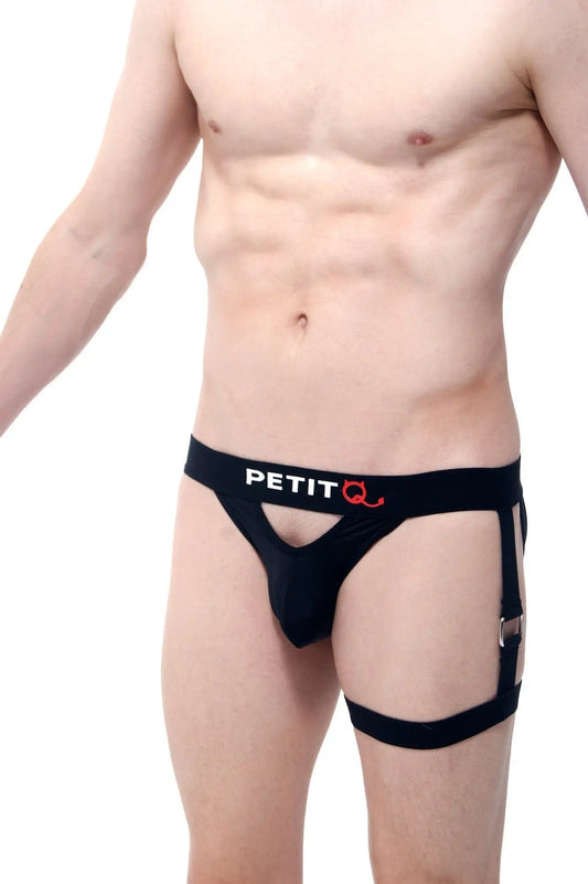 Black petitq adventure men’s briefs with side straps and red logo detail in breathable fabric for active wear