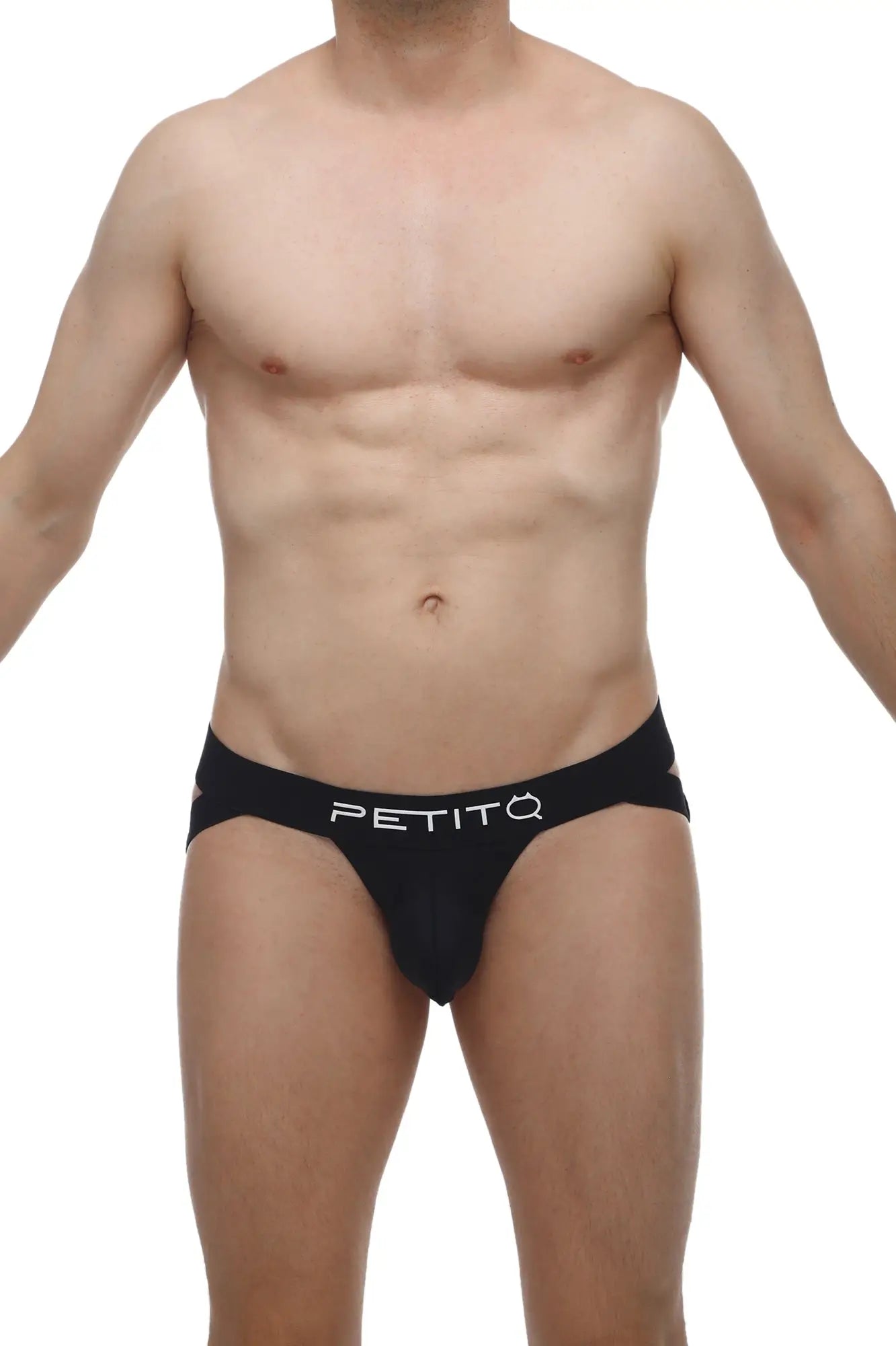 PetitQ jockstrap Brucy black briefs with sleek form-fitting design and white logo on waistband front view
