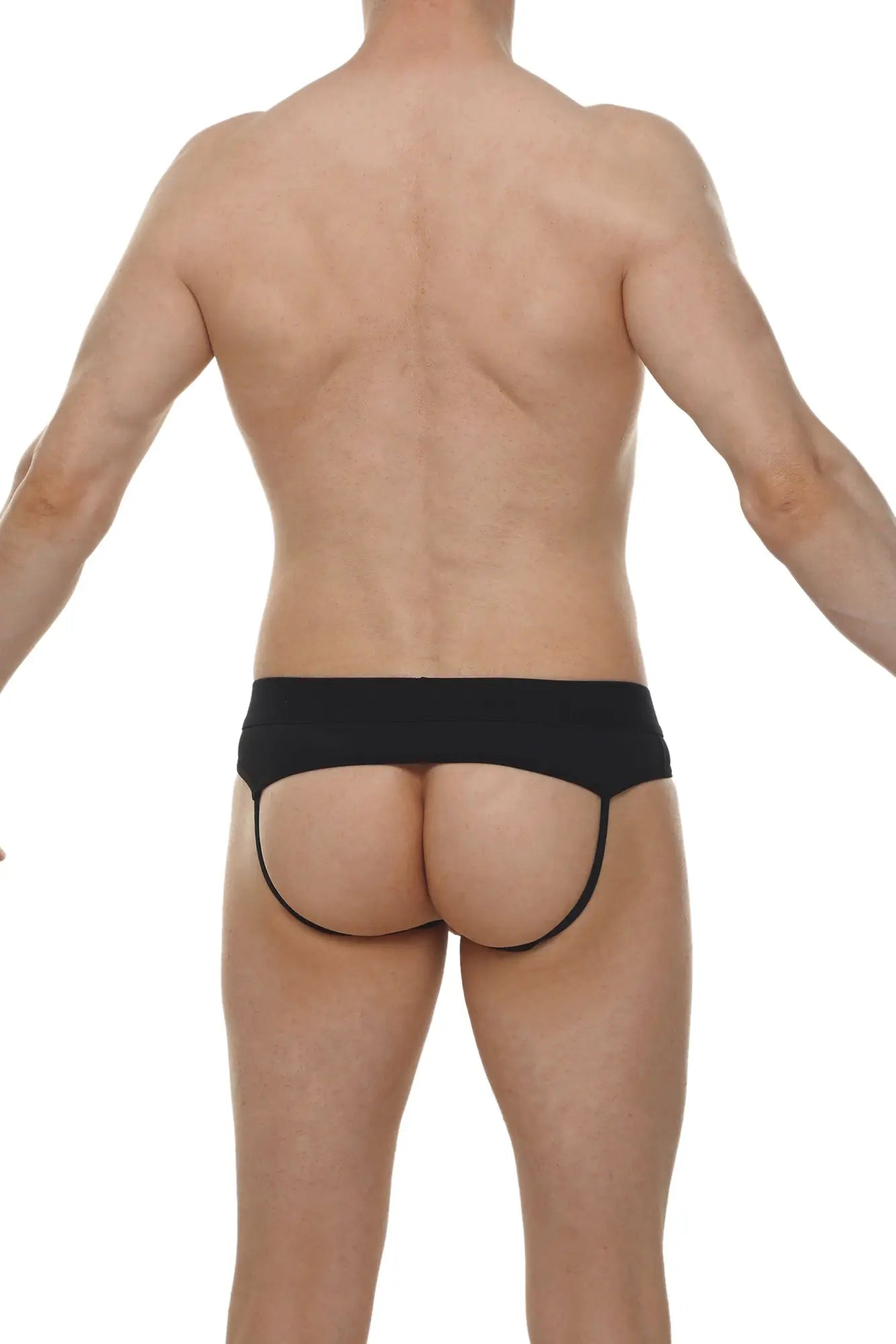 Black jockstrap open skine briefs with narrow waistband and thin leg straps designed for a snug fit