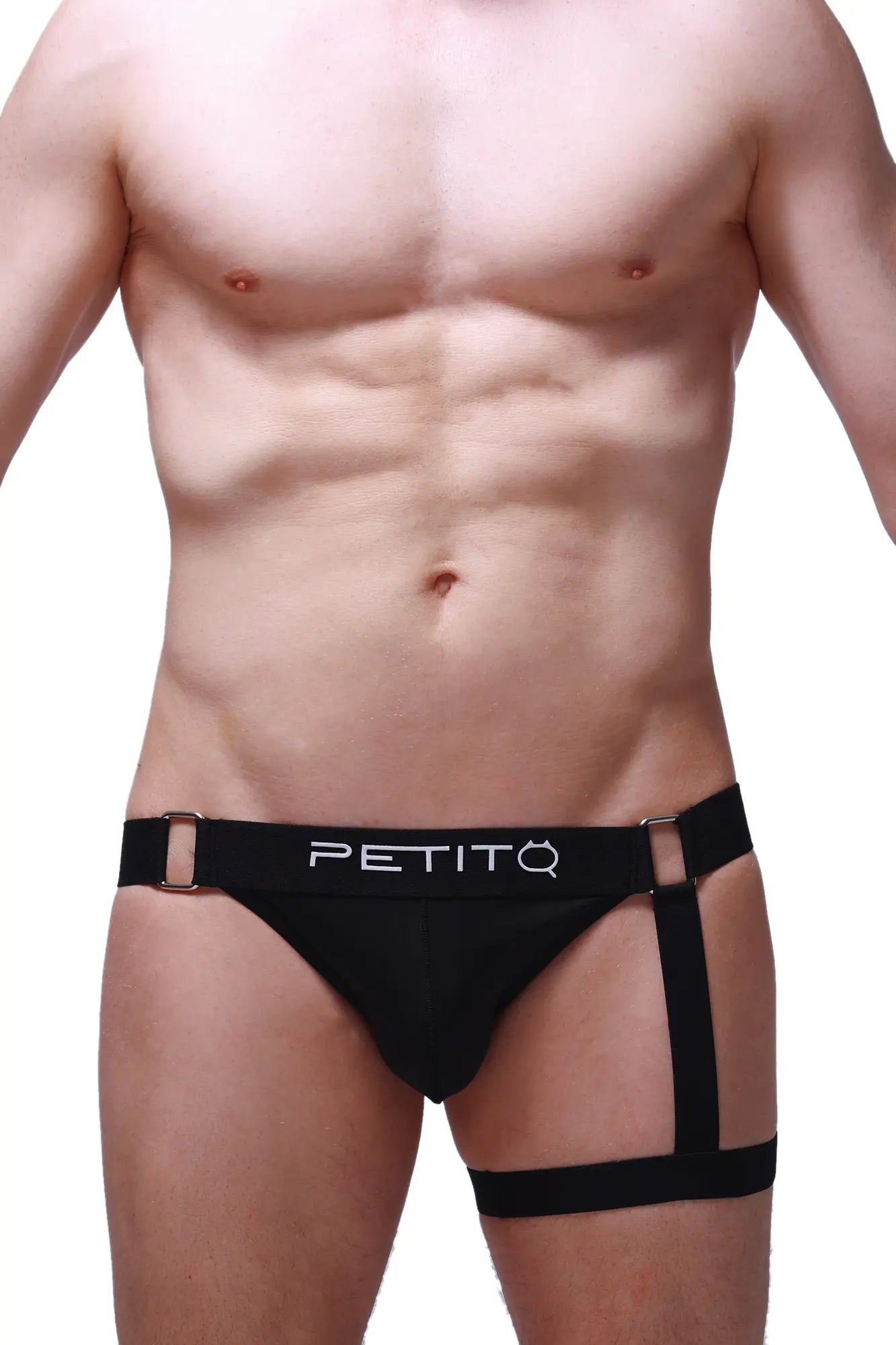 Black petitq jockstrap with harness-style design and metallic buckle accents for stylish support