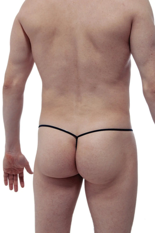Petitq string c-ring black thong with thin sleek design showing the back side in black color