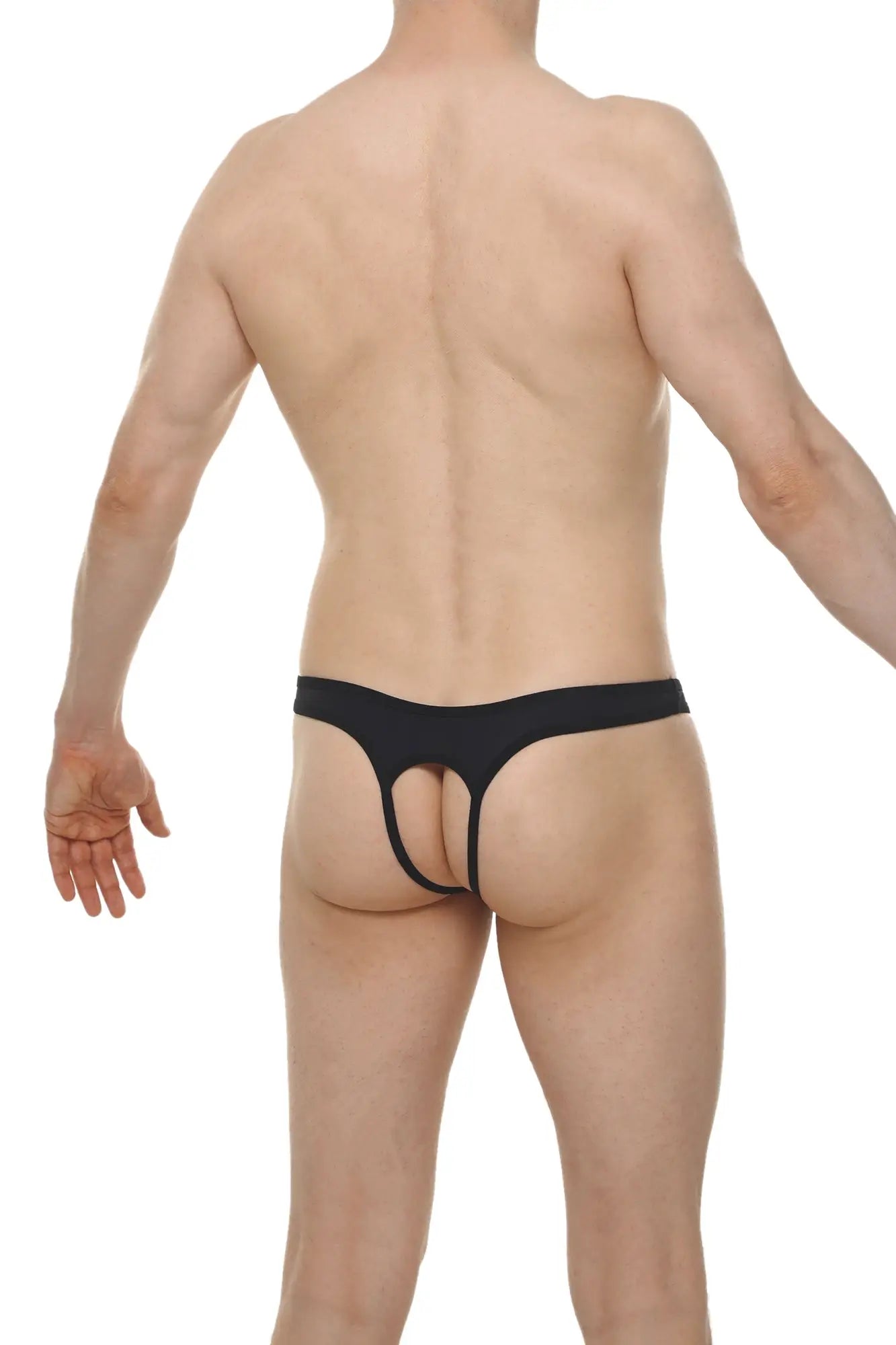 Black thong with narrow waistband and central cutout from thong cuens plum black collection showcasing back side view
