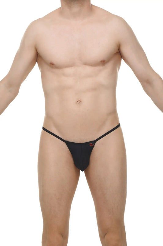 Black thong migny plum with thin elastic waistband and small red logo on the front made of soft fabric