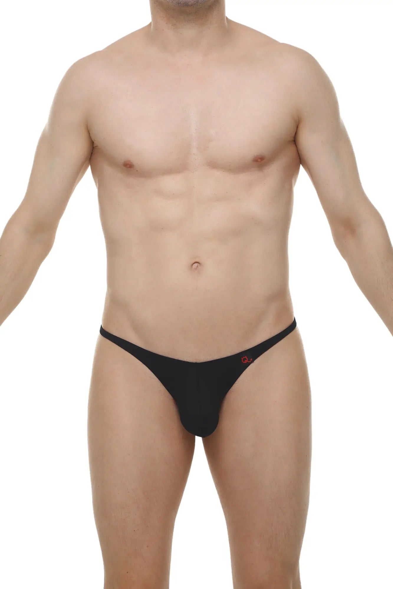 Black thong plellis skine with a small red logo on the waistband showing the front side of the product
