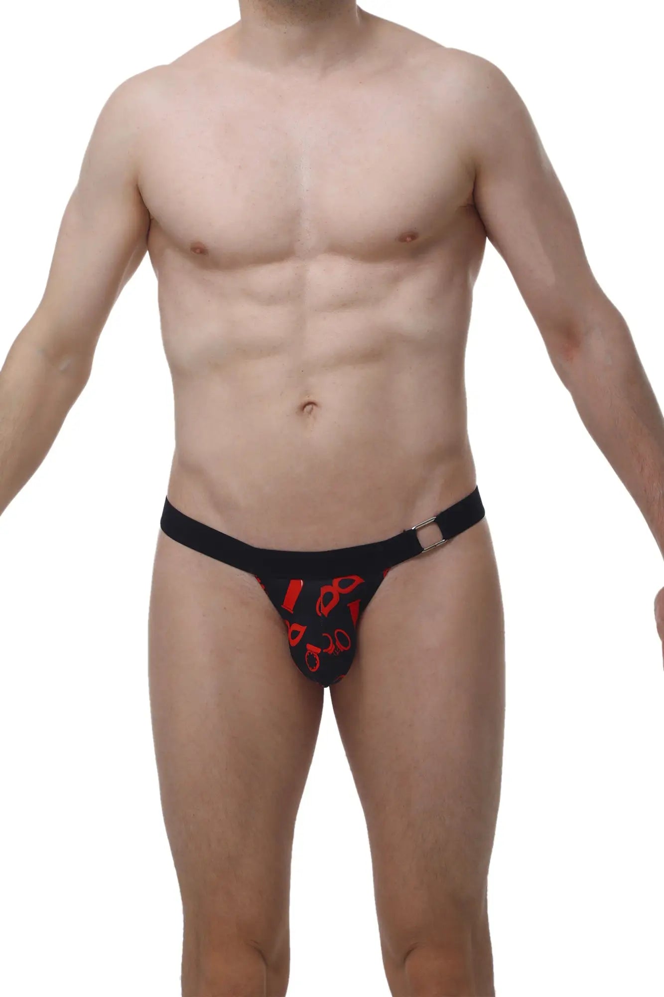 Black PetitQ thong with red scissors pattern and metallic buckle for boudoir wear shown from the back side