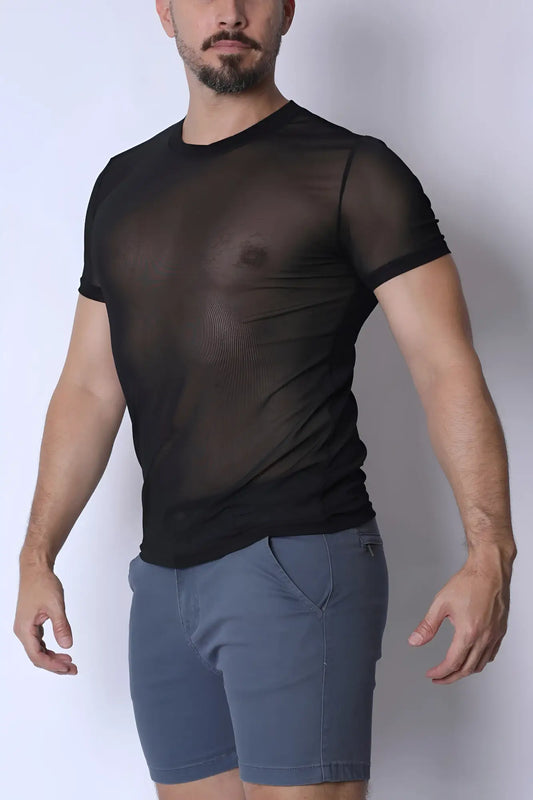 Black sheer mesh short-sleeved phantom mesh t-shirt featuring lightweight breathable fabric for stylish layering