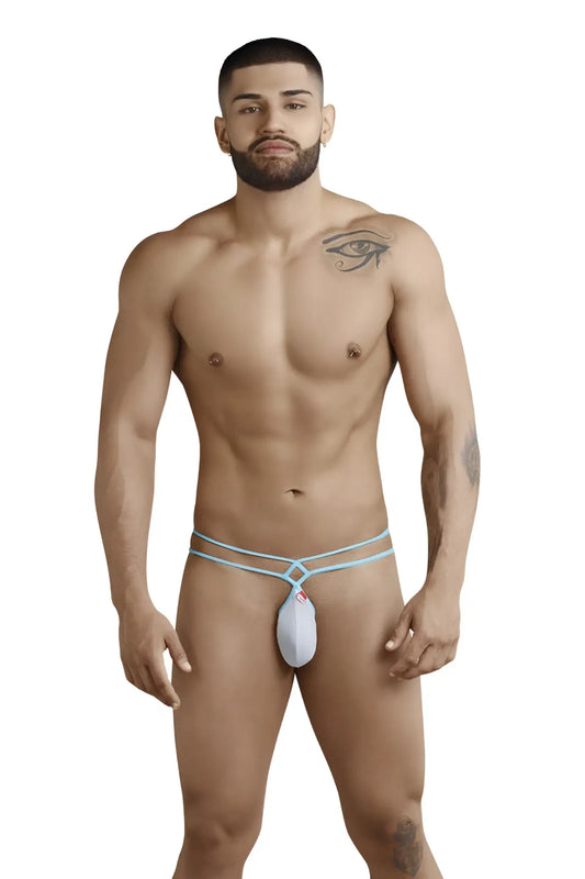 Light blue and white lace-trimmed thong with decorative front pouch pikante fragance g string underwear size l