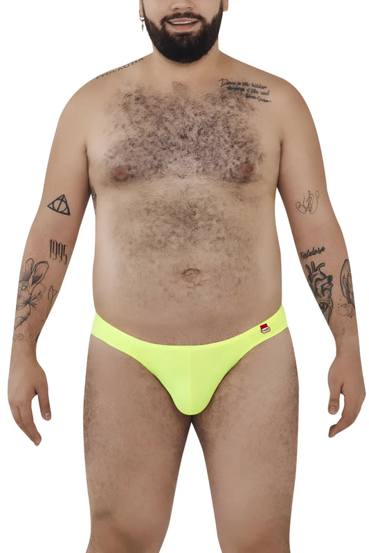 Bright neon yellow briefs with a small red and white logo on the waistband from pikante angola bikini collection