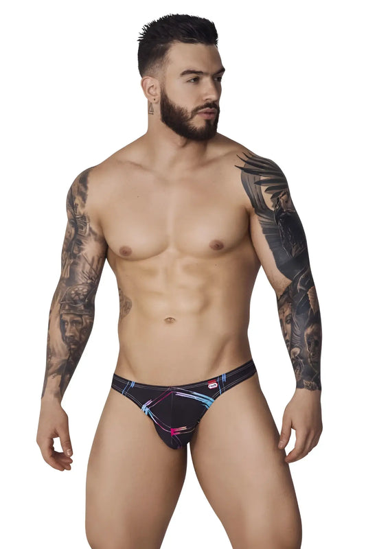 Black Pikante PIK 1077 Nucleus briefs with vibrant neon blue and pink abstract geometric pattern front view