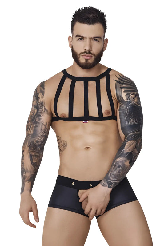 Black strappy harness top with sleek form-fitting design from pikante pik 1086 hard harness jockstrap collection