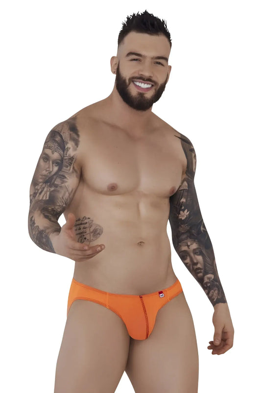 Pikante pik 1277 sonar bright orange briefs with central zipper and small red logo on left hip