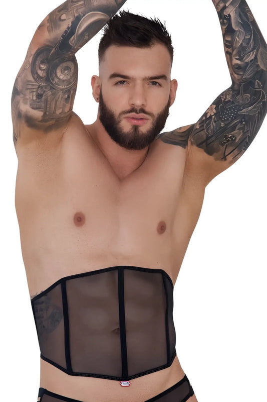 Black sheer mesh corset belt with black elastic trim and small red logo by pikante pik 1288 mutek color black