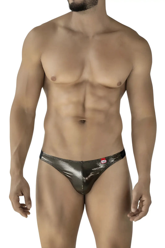 Shiny metallic silver thong with a sleek form-fitting design and a small red Pikante brand tag on the waistband