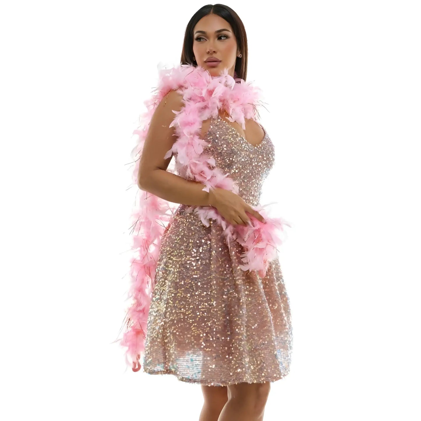 A shimmering rose gold sequined mini dress with a v-neckline and flared skirt paired with a pink feather boa