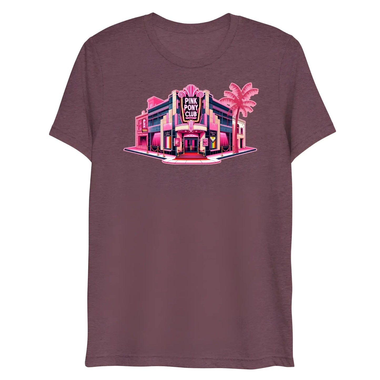 Maroon heathered cotton t-shirt with neon pink and purple graphic of the pink pony club building titled pink pony club