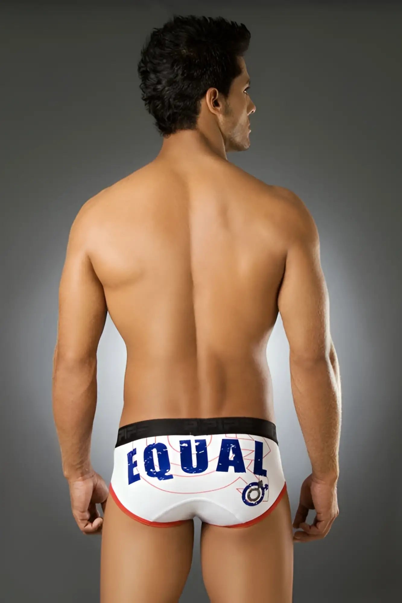 White briefs with blue equal lettering red trim and a black waistband pipe equal brief underwear bs1003 size s