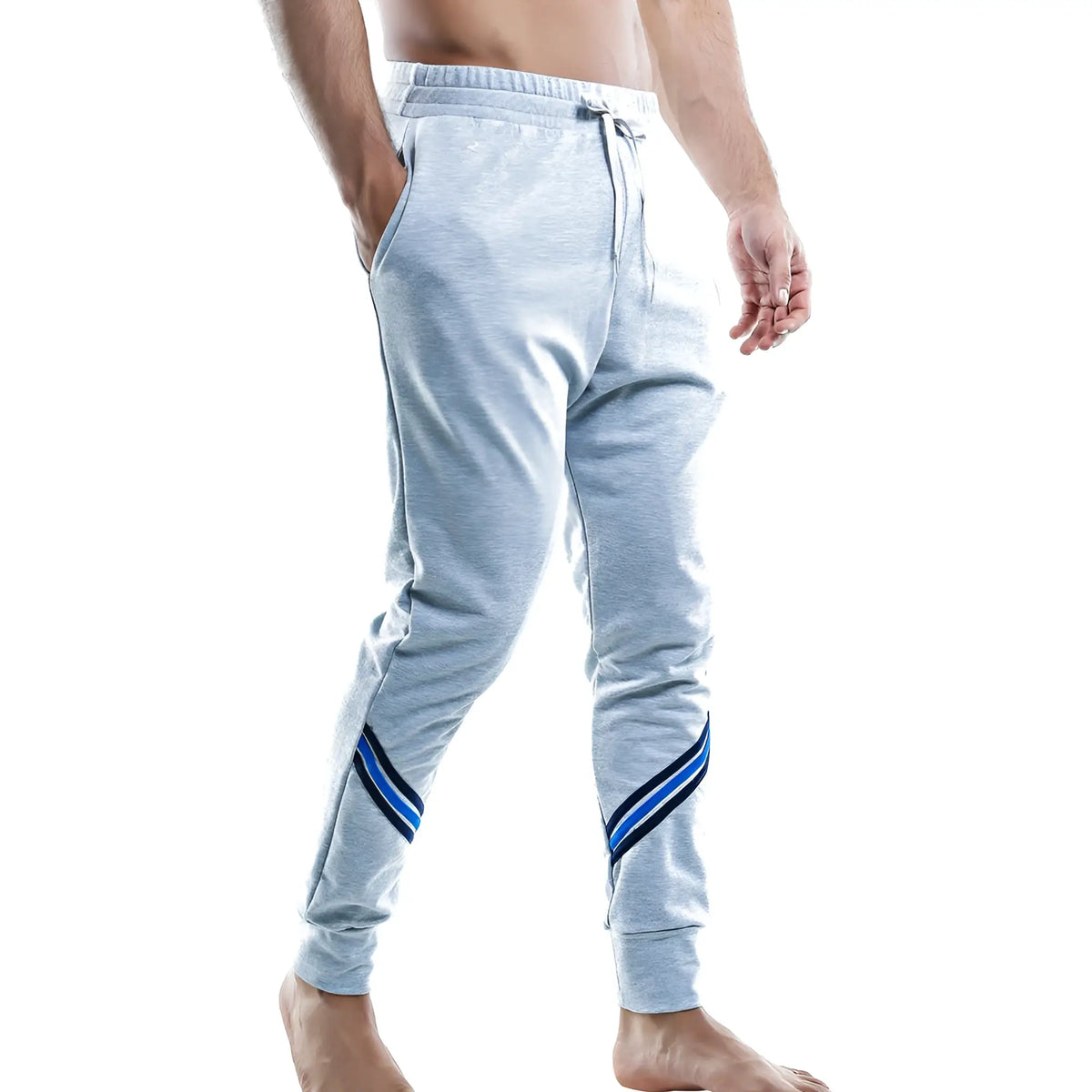 Pistol pete ppd005 jogger light gray heathered cotton blend with bold blue and navy diagonal stripes on outer legs
