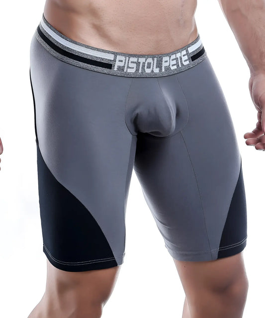Gray and black athletic boxer trunk with pistol pete logo on waistband designed for active wear