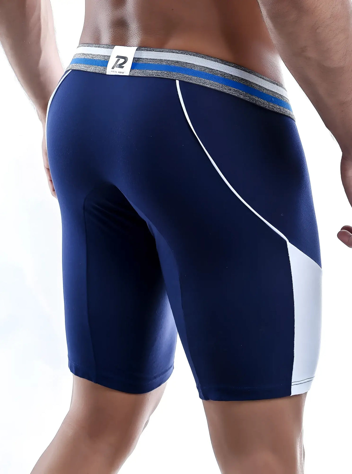 Navy blue pistol pete ppg013 boxer trunk shorts with white and gray striped waistband and branded logo tag