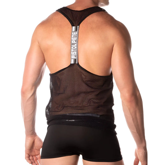 Black mesh pistol pete ppm014 tank top with central vertical strap and white pistol pete logo lettering