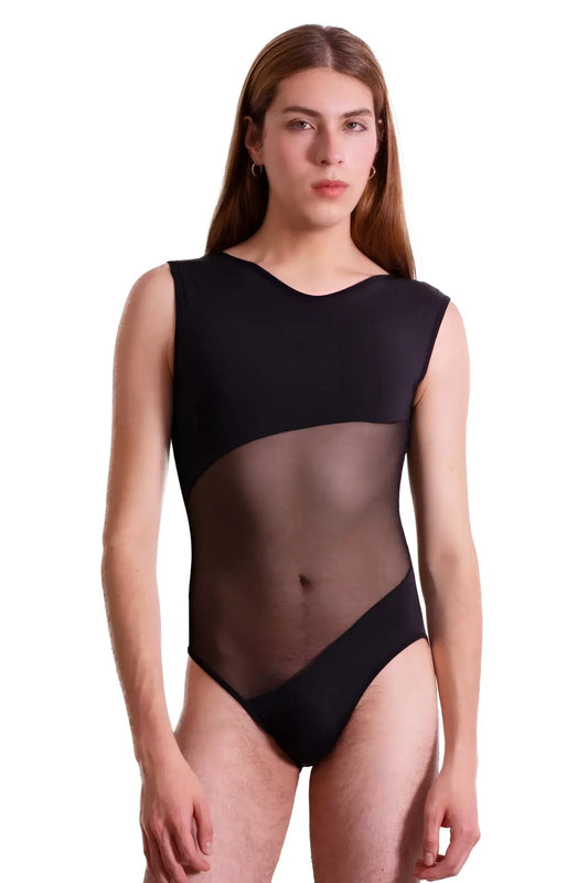 Black plural pl002 sleeveless bodysuit with sheer mesh torso panel showcasing a stylish modern design