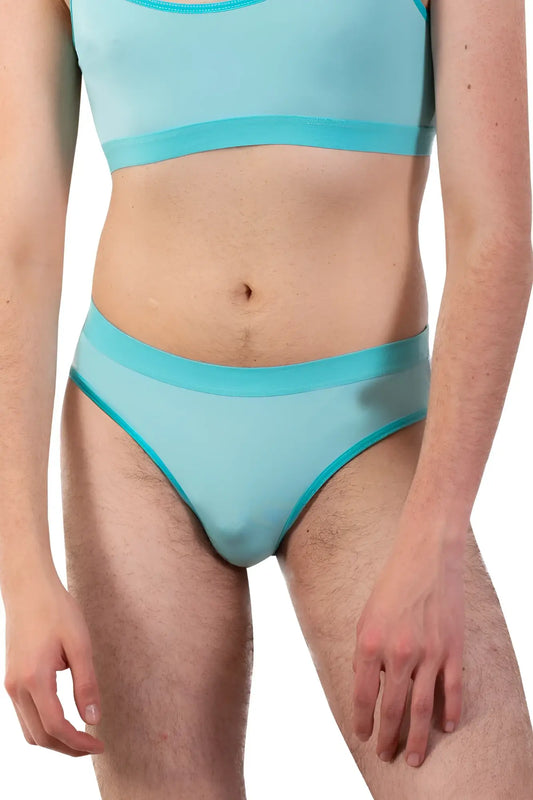 Light blue sheer mesh plural pl006 briefs with turquoise trim in mint green color front view