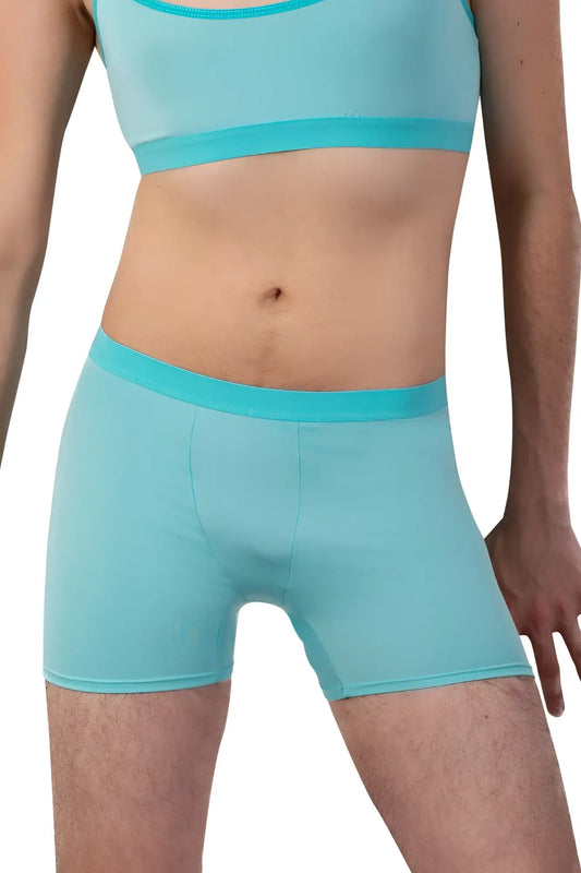 Turquoise seamless boxer briefs with matching waistband in mint green for comfortable everyday wear