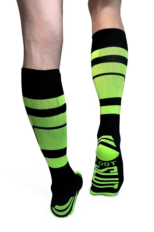 Pocket socks neon green and black striped athletic knee-high socks with bold sporty design for active wear