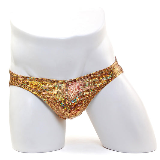 Shiny gold holographic patterned briefs with iridescent textured finish from metromalewear posingwear hologram gold posing suit