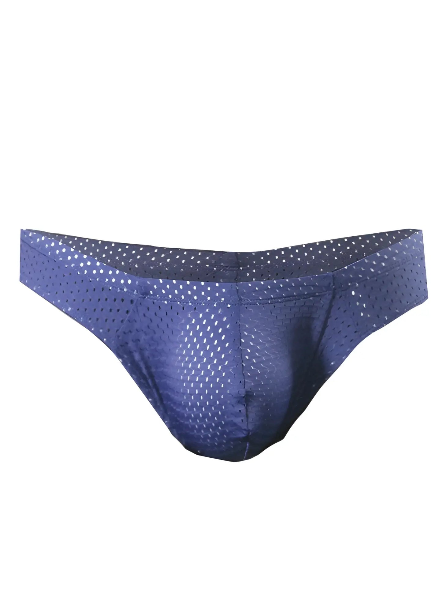 Pride mesh bunz brief in blue mesh with subtle white polka dot pattern and plus pouch for added support