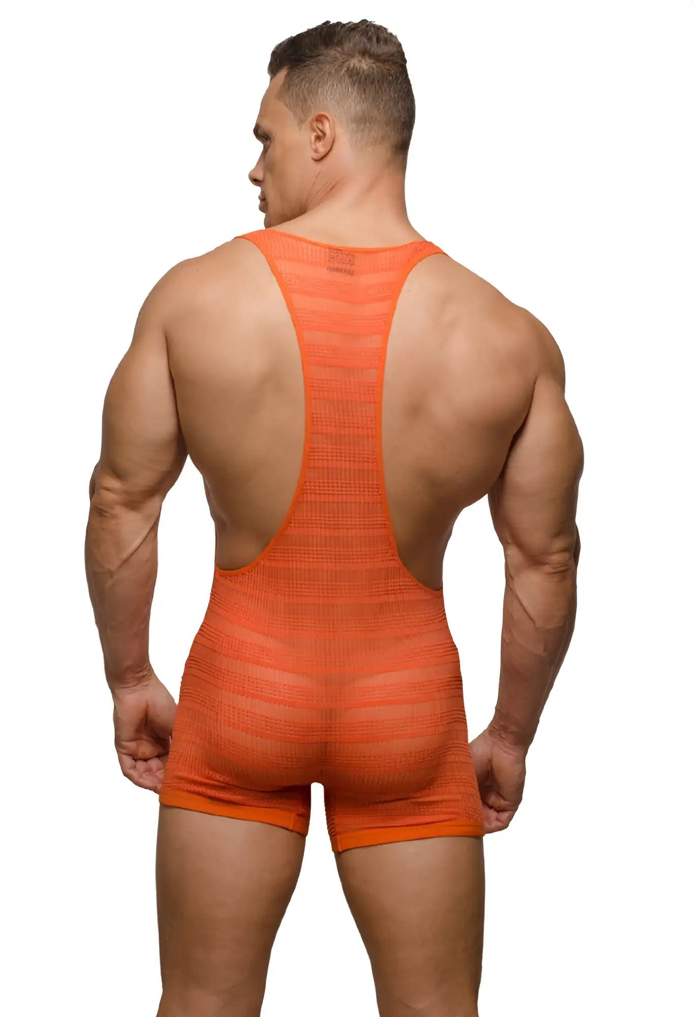 Back view of orange pride sheer mesh archery wrestler leotard with backless design and wide shoulder straps