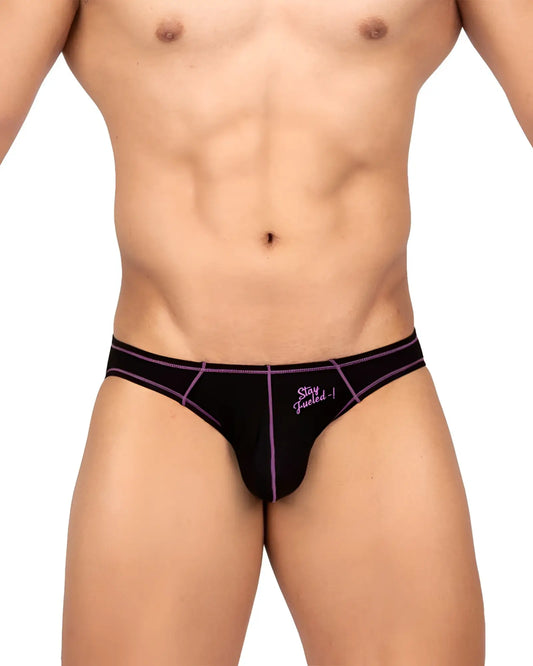 Black mens bikini briefs by private structure in charcoal with purple trim and embroidered stay fueled text