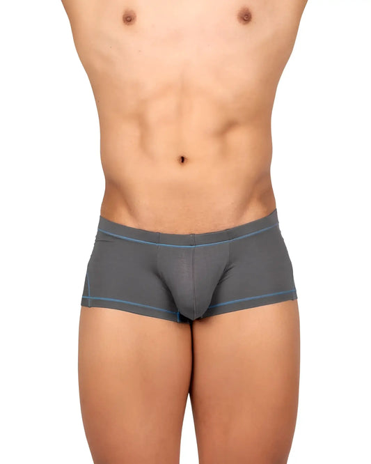 Gray men’s hipster briefs by private structure with subtle blue trim along waistband and legs in prime elysian fabric