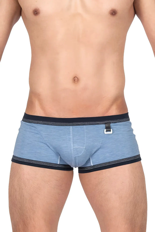 Private structure barn boy low rise trunk in denim blue heathered fabric with navy trim and white plastic buckle