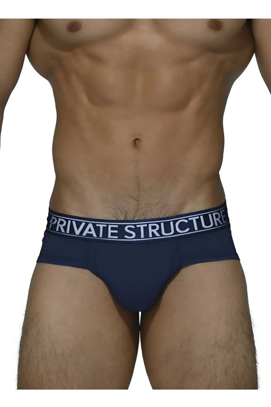 Navy blue men’s briefs with a white private structure waistband made from platinum bamboo fabric in midnight navy color
