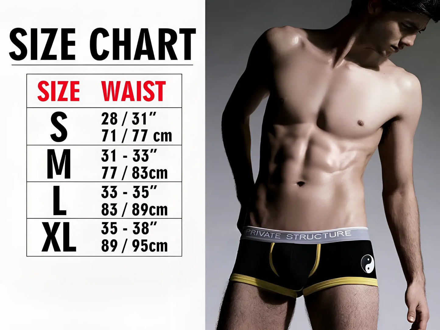 Black private structure platinum bamboo contour briefs with yellow trim gray waistband and white yin-yang symbol