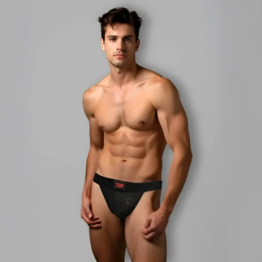 Black athletic briefs with red top logo on waistband designed for prowler switch jockstrap performance wear