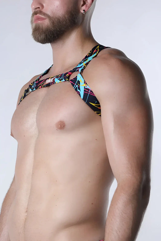 Pulse elastic harness vibrant neon lightning bolt patterned black halter top with bold colorful abstract design